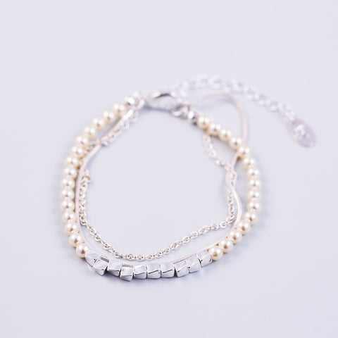 Three Chain Pearl Bracelet Silver & Cream