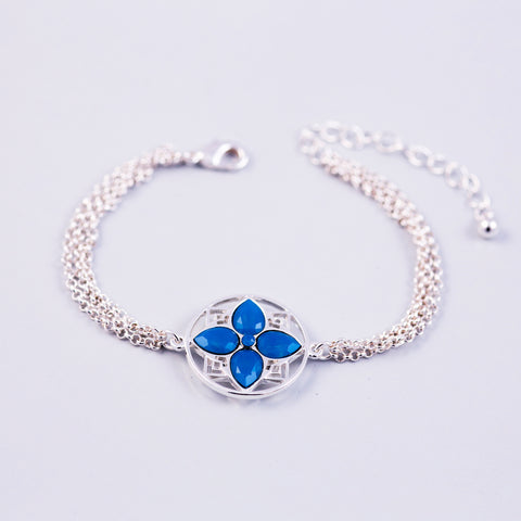 Silver & Caribbean Blue Opal Four Petal Flower Bracelet