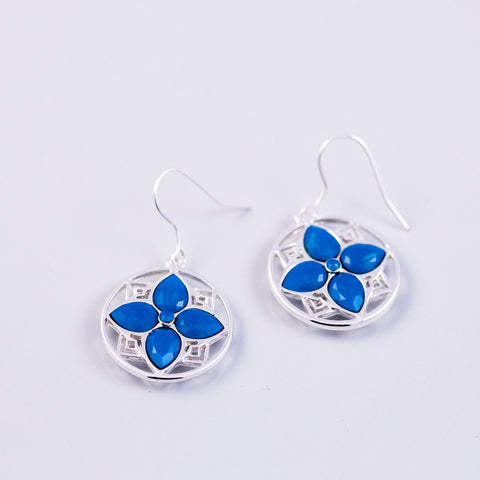 Silver & Caribbean Opal Blue Four Petal Flower Drop Earrings