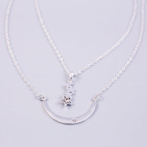 Silver Layered Moon & Star Shower Necklace