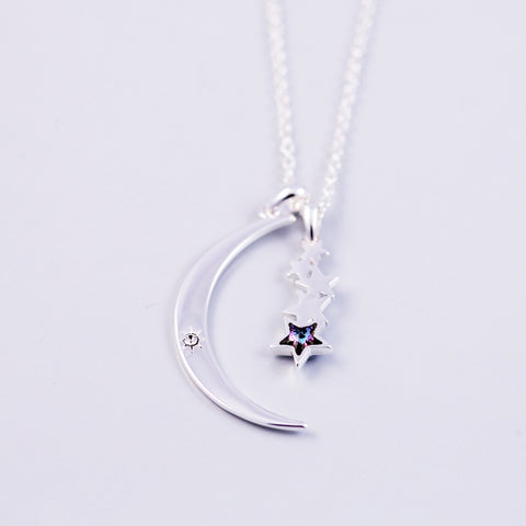 Silver & Purple Crystal Moon and Shooting Star Necklace