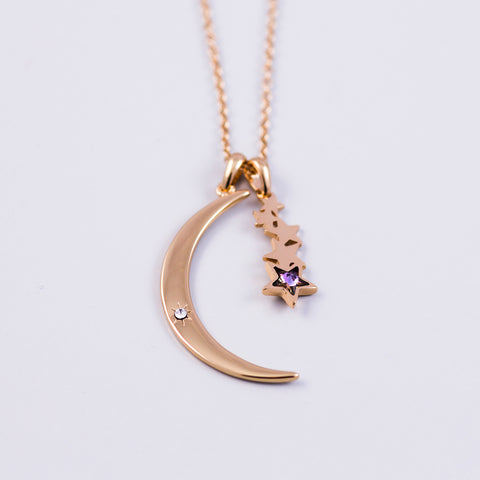 Gold & Purple Crystal Moon and Shooting Star Necklace