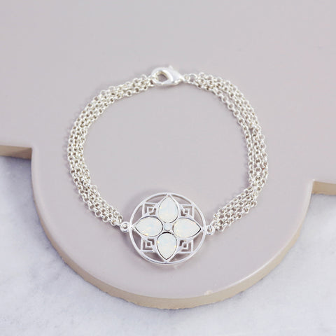 Silver & White Opal Four Petal Flower Bracelet