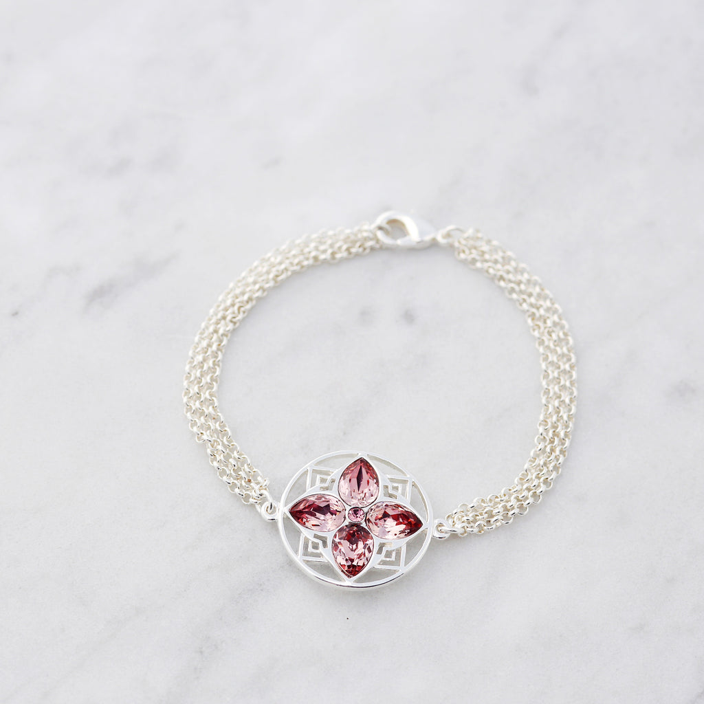 Silver & Antique Pink Four Petal Flower Bracelet