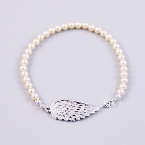 Silver Angel Wing & Cream Pearl Bridal Bracelet