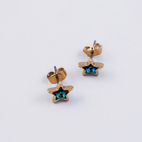 Gold & Blue Crystal Star Stud Earrings