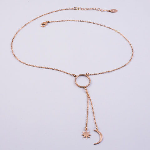 Gold Triple Moon Goddess Star Lariat Necklace