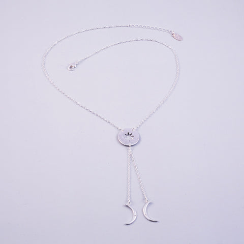 Silver Triple Moon Goddess Moon Lariat Necklace