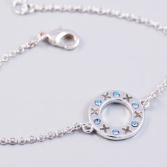 Silver Aquamarine March Birthstone XOXO Circle Bracelet
