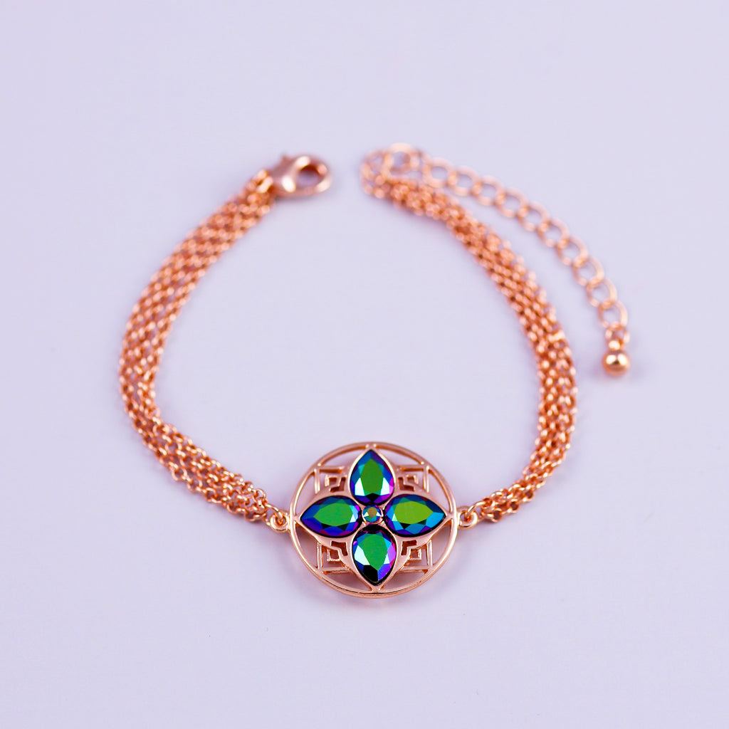 Rose Gold & Scarabaeus Green Four Petal Flower Bracelet