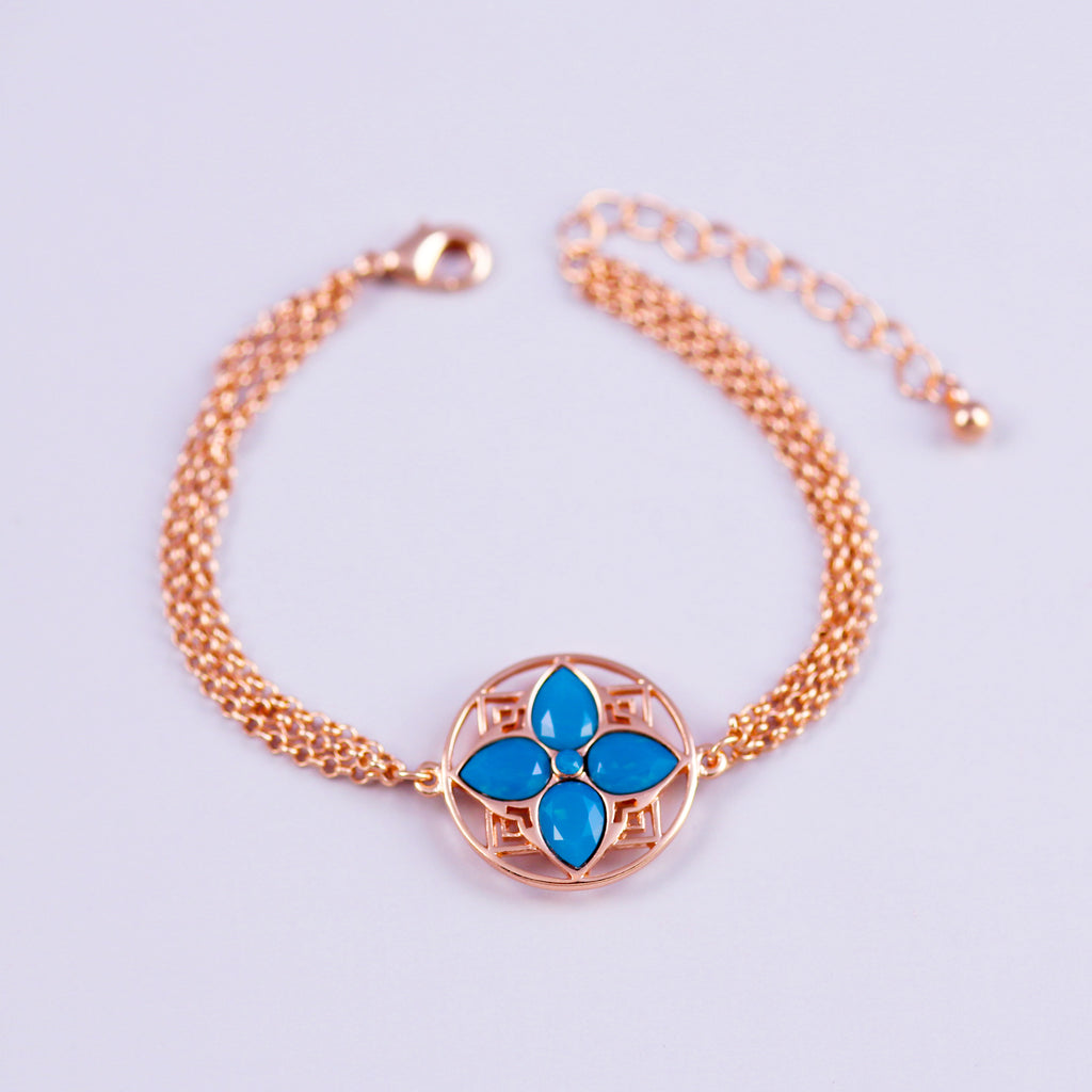 Rose Gold & Caribbean Blue Opal Four Petal Flower Bracelet