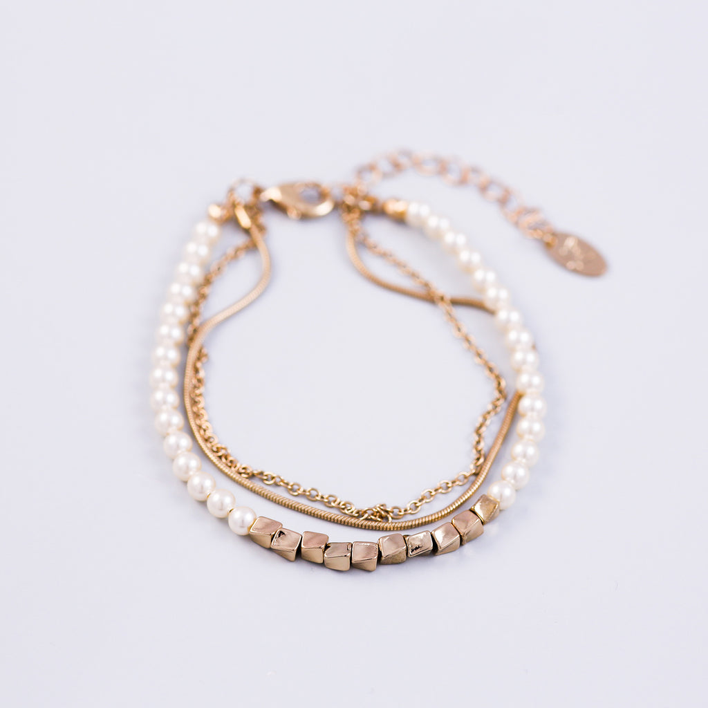Three Chain Pearl Bracelet | Cute Friendship Bracelets | Friendship Jewellery | Gold & Cream