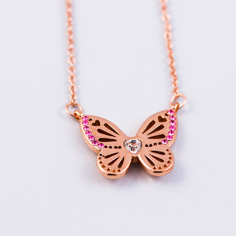 Rose Gold Rose October Birthstone Butterfly Necklace