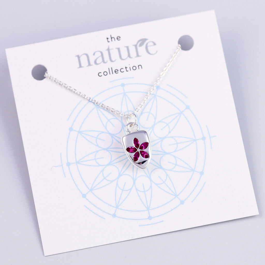 Silver Pink Flower Shield Necklace Nature Collection