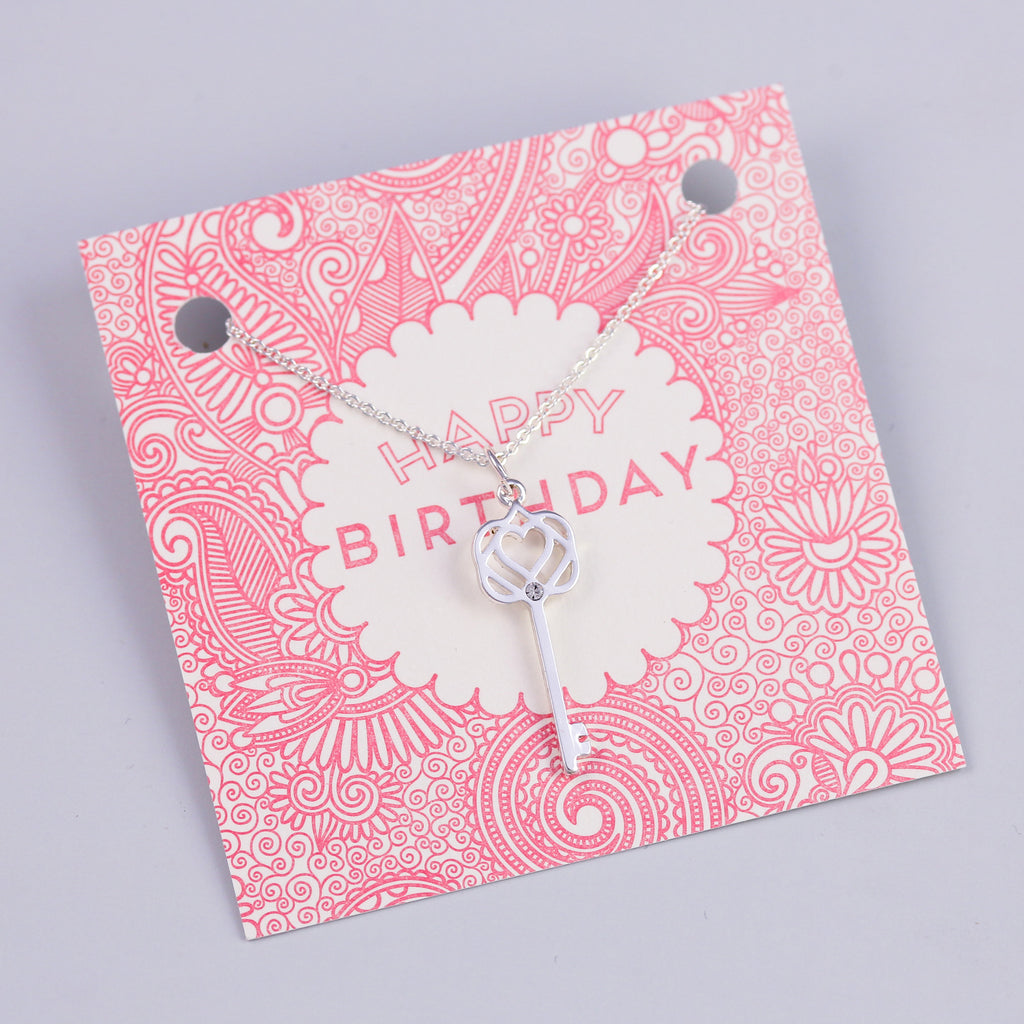 Happy Birthday Sentiment Card with Silver Key Necklace