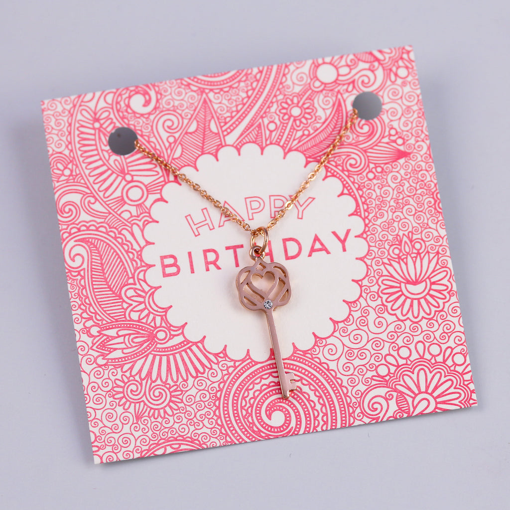 Happy Birthday Sentiment Card with Rose Gold Key Necklace