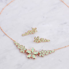 Blossom jewellery | rose gold jewellery set | rose gold necklace and earring set | Swarovski elements | green crystals