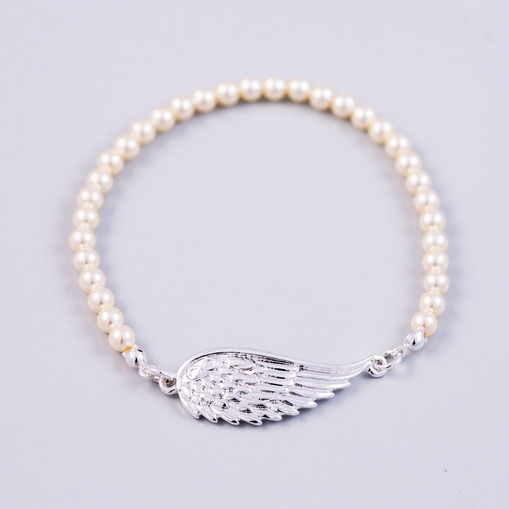 Silver Angel Wing & Cream Pearl Bridal Bracelet