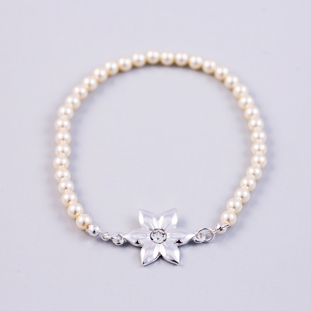 Silver Flower & Cream Pearl Bridal Bracelet